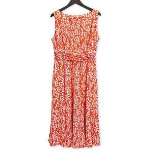 Business Casual Dress Womens Large Orange Leaf Sleeveless Ruched Waist Work Midi